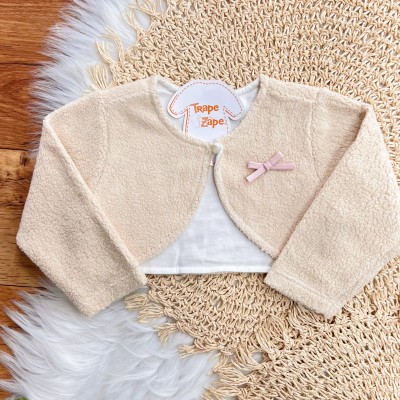 Conj. Bolerinho de Pelinho e Vestido Ursinhas - Rosa Bebê e Off White